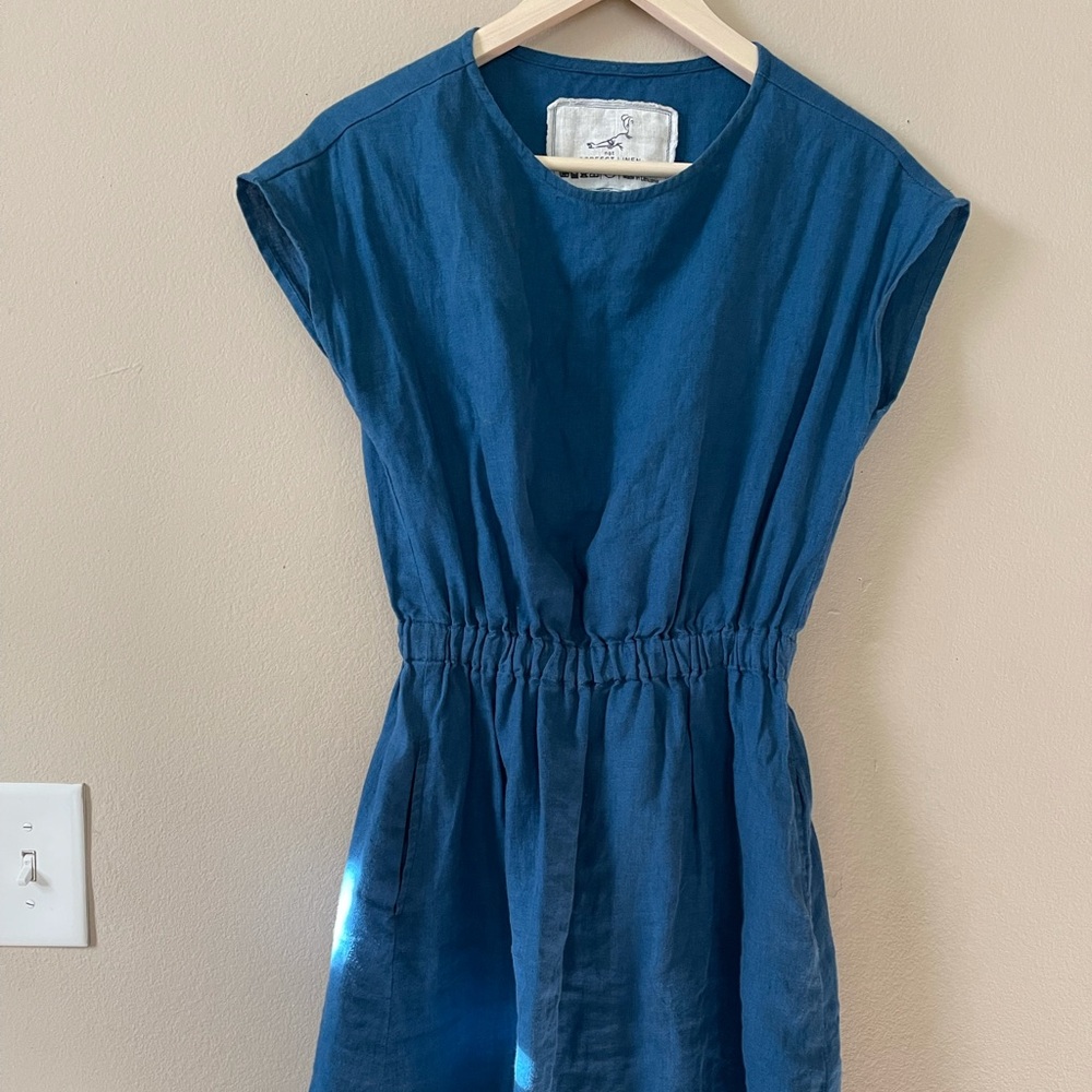 Not perfect linen dress. Elastic waist dress. Teal colored.